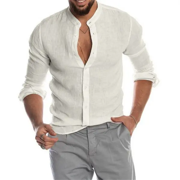 Men's Solid Color Casual Long Sleeve Cotton Linen Shirt - Menzfolk.com 