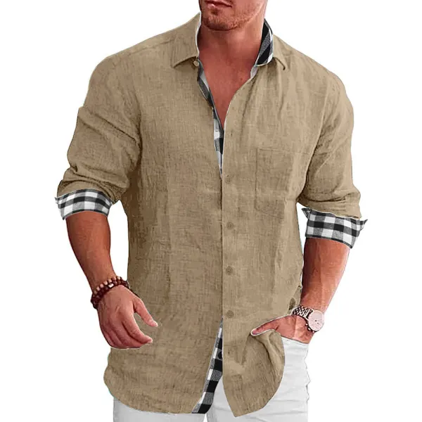 Men's Check Print Contrast Long Sleeve Vintage Lapel Shirt - Cotosen.com 