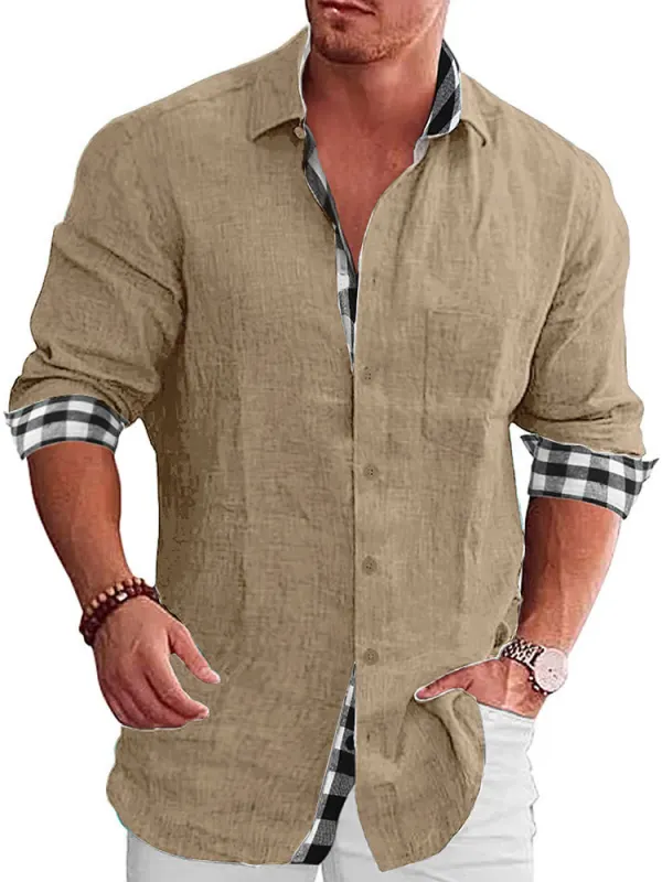 Men's Check Print Contrast Long Sleeve Vintage Lapel Shirt - Menwyx.com 