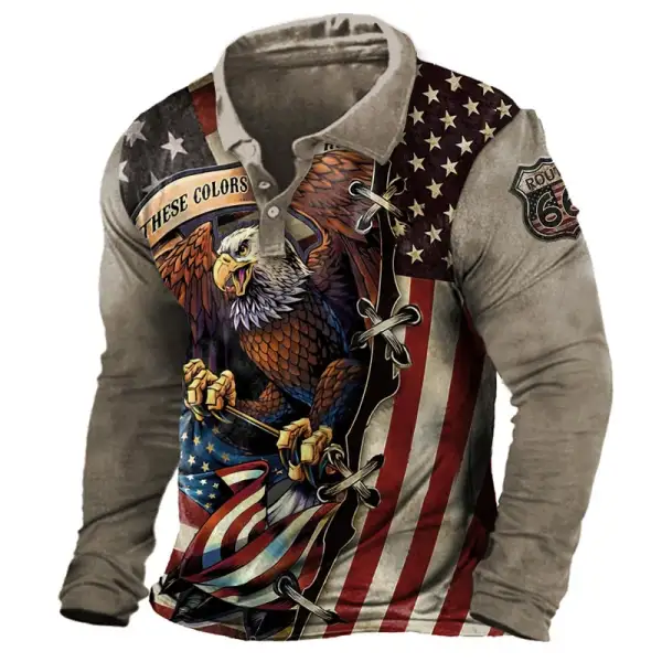 Men's Route 66 American Flag American Eagle Print Long Sleeve Polo Shirt Only $16.89 - Wayrates.com 