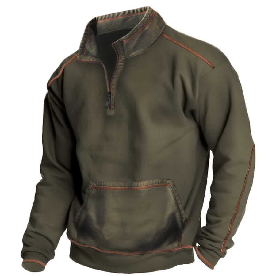 

Men's Vintage Patchwork Pocket Zip Stand Collar Tactical Sweatshirt