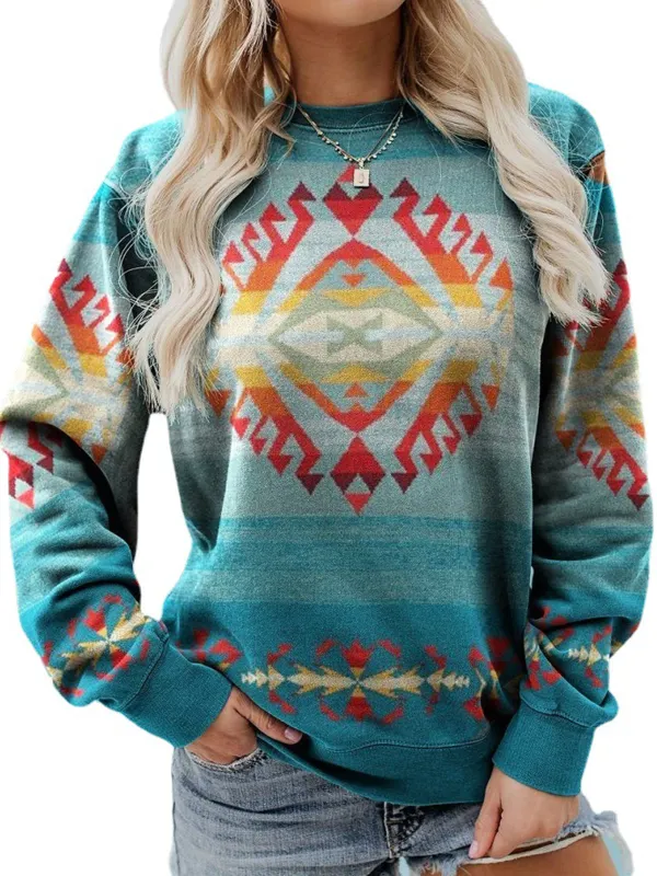 Women's Vintage Print Ethnic Geometric Pattern Print Sweatshirt - Pragmaace.com 