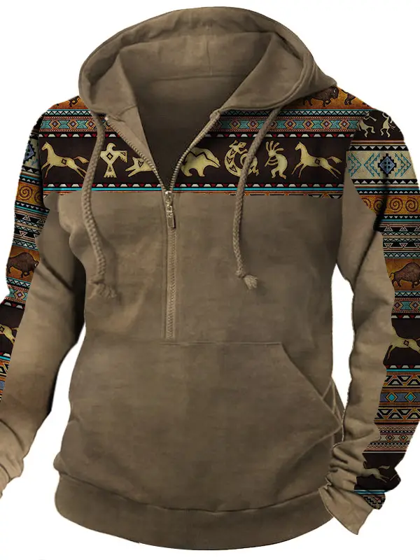 Men's Vintage Ethnic Print Panel Hooded Sweatshirt - Pragmaace.com 