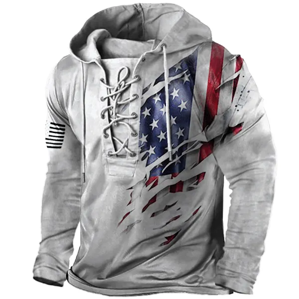 Men's Vintage American Flag Print Lace-Up Hooded Long Sleeve T-Shirt Only $37.89 - Wayrates.com 