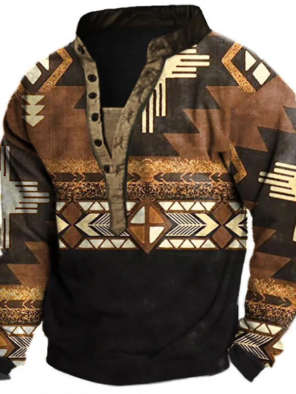 Men's Ethnic Print Henley Collar Sweatshirt - Menwyx.com 