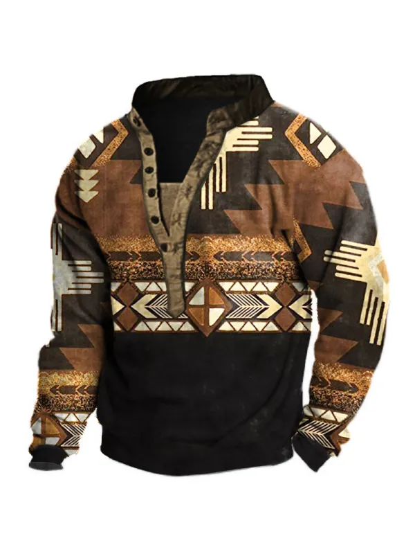 Men's Ethnic Print Henley Collar Sweatshirt - Realyiyi.com 