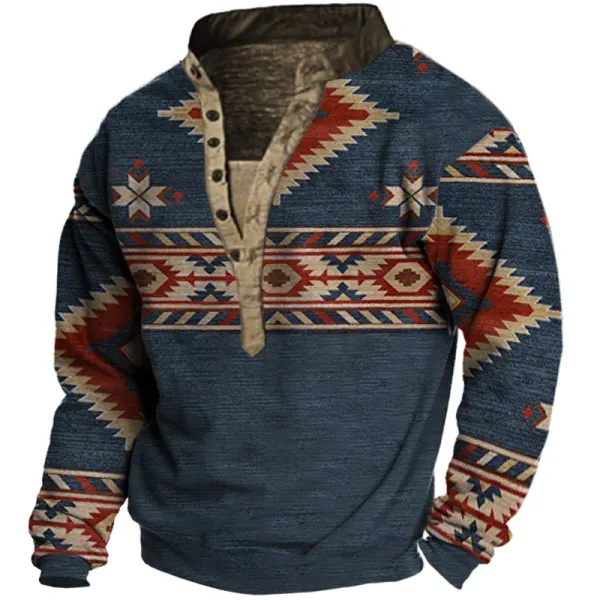 Men's Ethnic Print Henley Collar Sweatshirt - Elementnice.com 