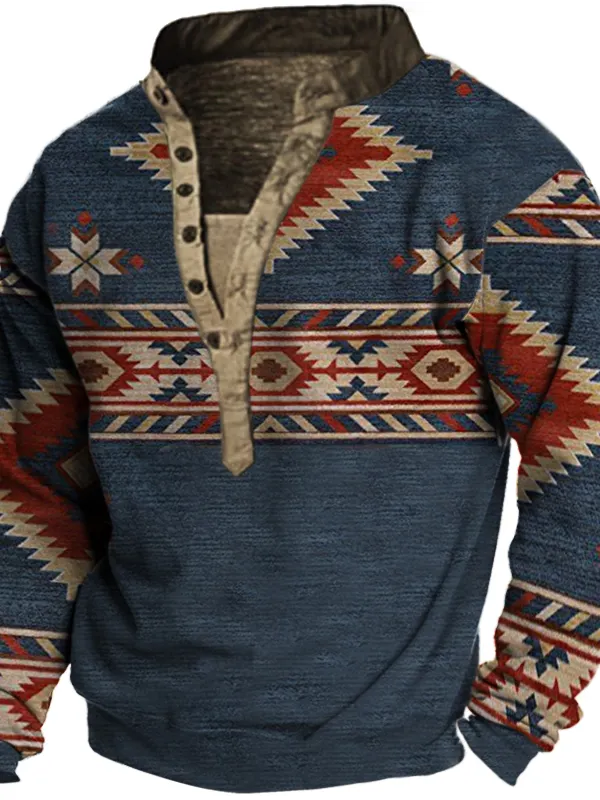 Men's Ethnic Print Henley Collar Sweatshirt - Menwyx.com 