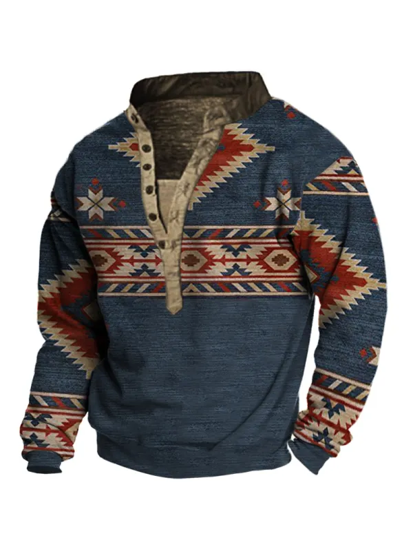 Men's Ethnic Print Henley Collar Sweatshirt - Cominbuy.com 
