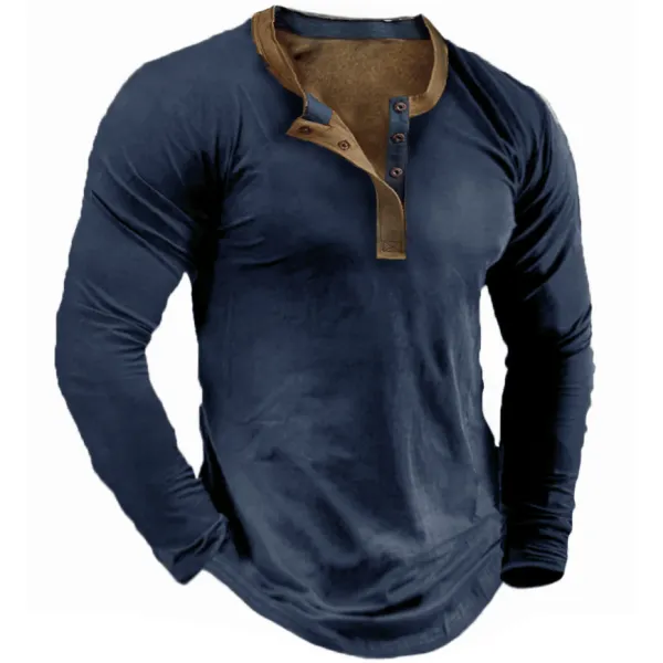 Men's Vintage Long Sleeve Henley T-Shirt - Elementnice.com 
