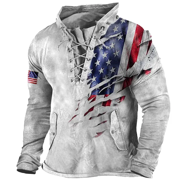 Men's Vintage American Flag Print Outdoor Tactical Lace-Up Hooded T-Shirt Only $36.89 - Wayrates.com 