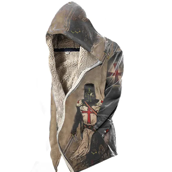 Men's Vintage Templar Cross Hooded Fleece Jacket - Elementnice.com 