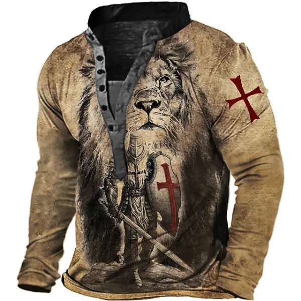 Men's Vintage Templar Lion Print Henley Long Sleeve T-Shirt Only $19.89 - Wayrates.com 