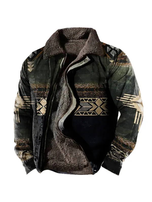 Men's Retro Ethnic Print Fleece Zipper Tactical Shirt Jacket - Realyiyi.com 