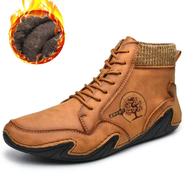Men's Fleece Handmade Leather Non Slip Soft Sock Ankle Lace-Up Boots - Elementnice.com 