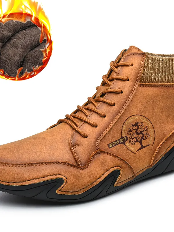 Men's Fleece Handmade Leather Non Slip Soft Sock Ankle Lace-Up Boots - Pragmaace.com 