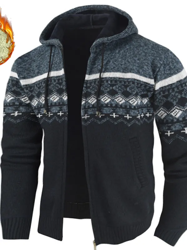 Men's Ethnic Knitted Full Zip Warm Hooded Sweater - Menbarn.com 