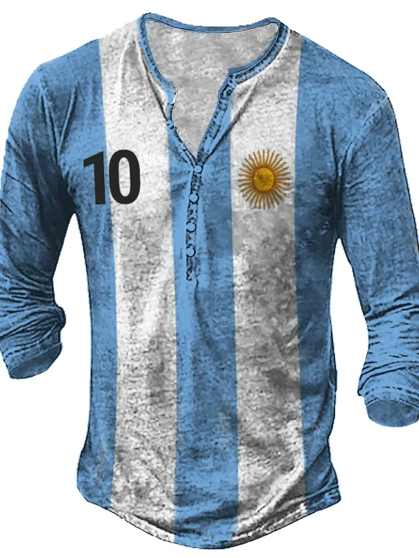 Men's 2022 World Cup Argentina Flag Football Henley Collar Top - Menbarn.com 
