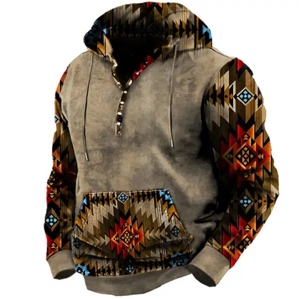 Men's Vintage Outdoor Ethnic Print Pocket Tactical Hoodie - Cotosen.com