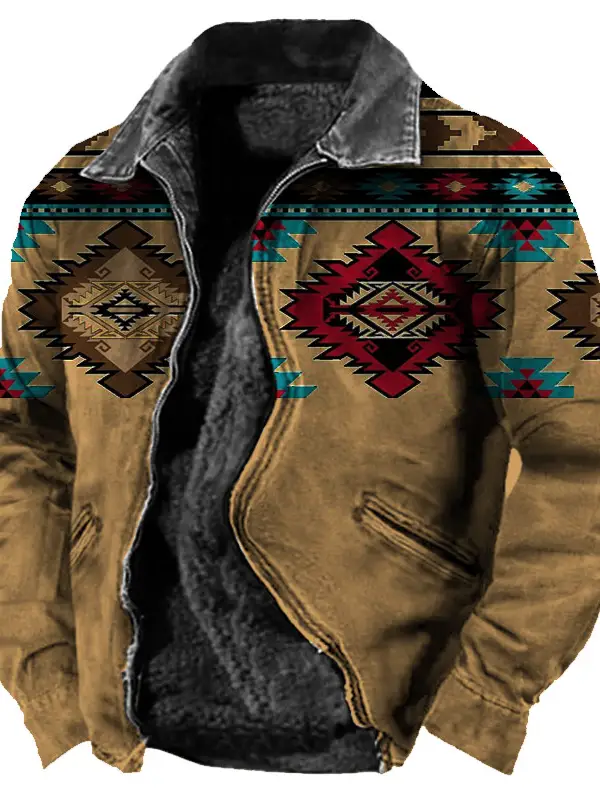 Men's Vintage Ethnic Print Zip Pocket Plush Lined Thermal Jacket - Pragmaace.com 
