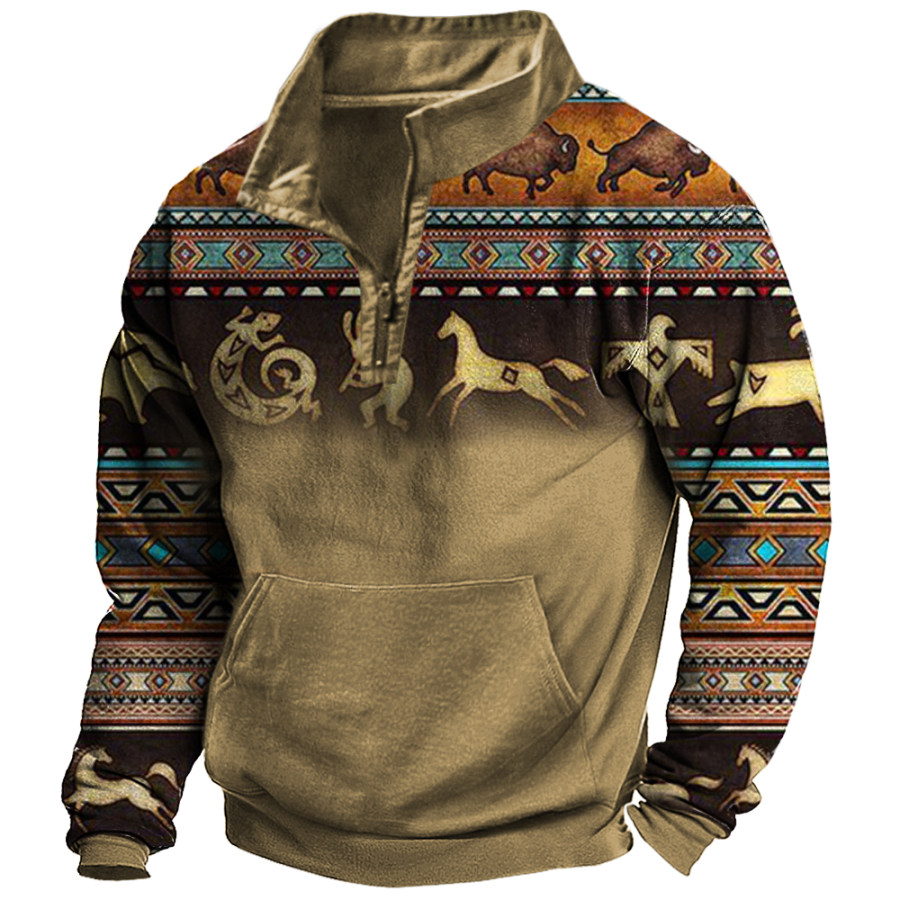 

Men's Vintage Western Print Pocket Stand Collar Sweatshirt