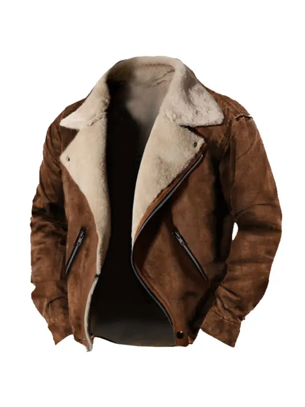 Men's Vintage Outdoor Training Suede Zip Pocket Lamb Fleece Collar Warm Jacket - Realyiyi.com 