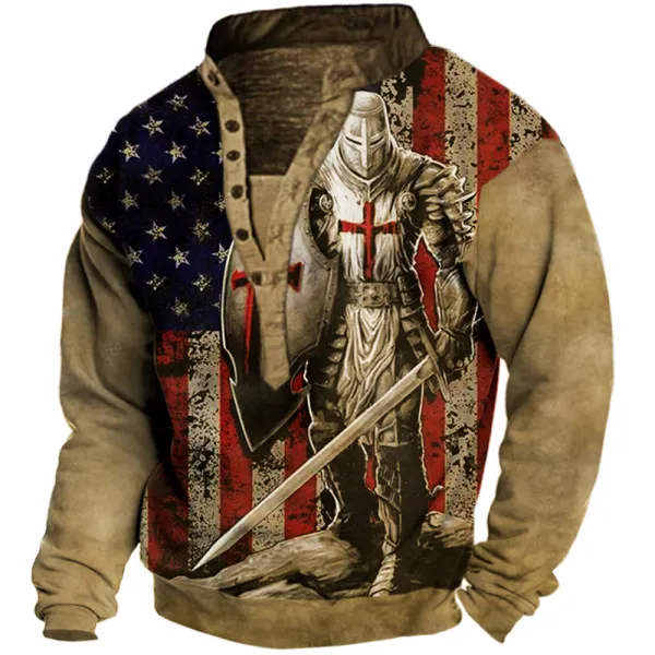 Men's American Flag Templar Cross Vintage Print Henley Collar Sweatshirt Only $20.89 - Wayrates.com 