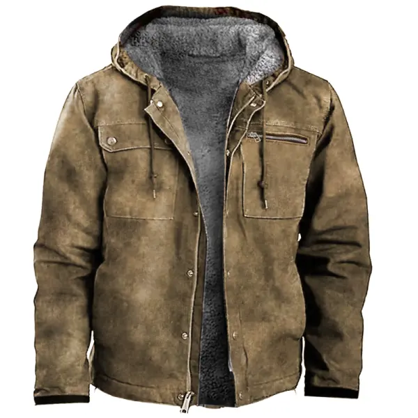 Men's Vintage Large Pocket Fleece Hooded Thick Outdoor Tactical Jacket - Mosaicnew.com 