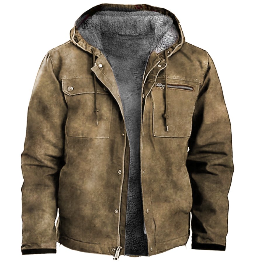 

Men's Vintage Large Pocket Fleece Hooded Thick Outdoor Tactical Jacket