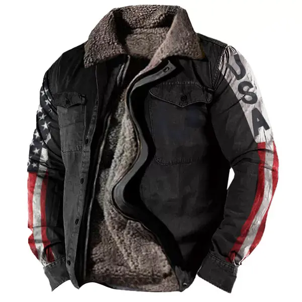 Men's Motorcycle Retro Lining Plus Fleece USA Flag Tactical Jacket - Dozenlive.com 