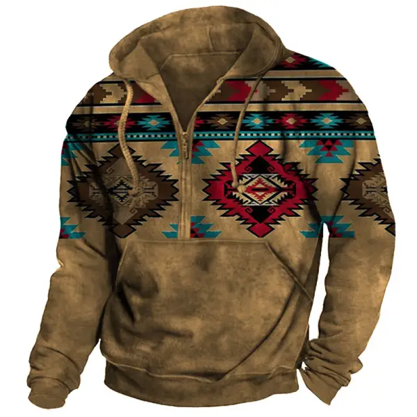 Men's Vintage Ethnic Print Pocket Half Zip Hoodie - Cotosen.com