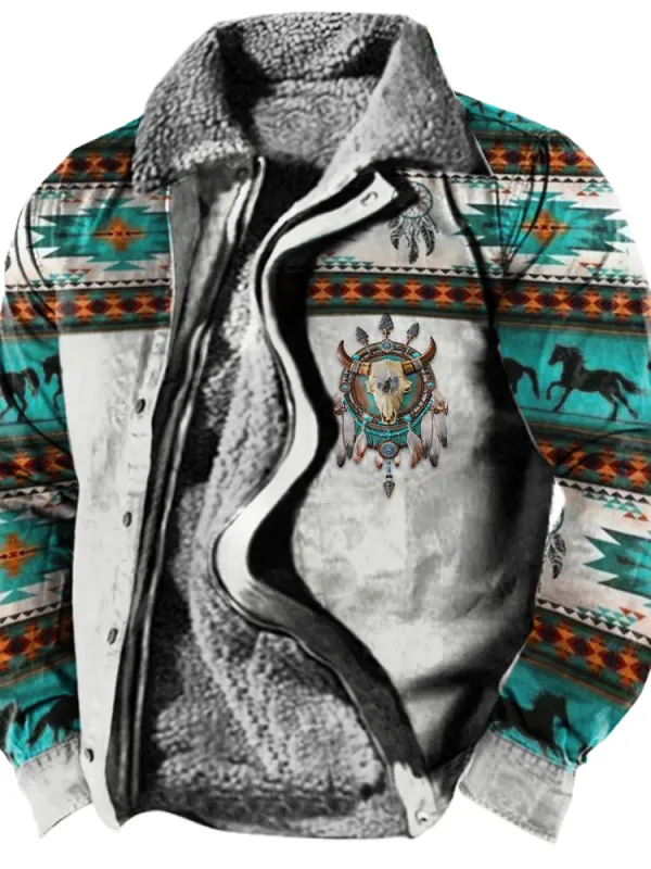 Men's Vintage Western Region Printed Fleece Warm Jacket - Simplyion.com 