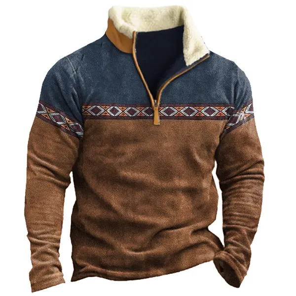 Men's Aztec Colorblock Zipper Stand Collar Sweatshirt - Rabclub.com 