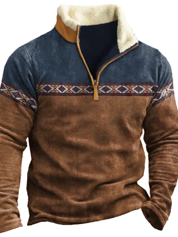 Men's Aztec Colorblock Zipper Stand Collar Sweatshirt - Menbarn.com 