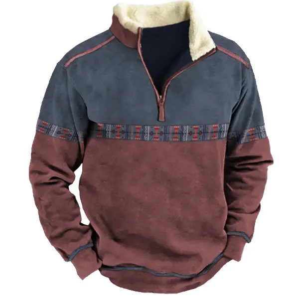 Men's Aztec Quarter Zip Color Contrast Winter Sweatshirt - Cotosen.com
