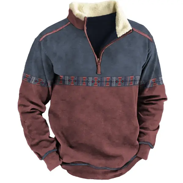 Men's Aztec Quarter Zip Color Contrast Winter Sweatshirt - Elementnice.com 