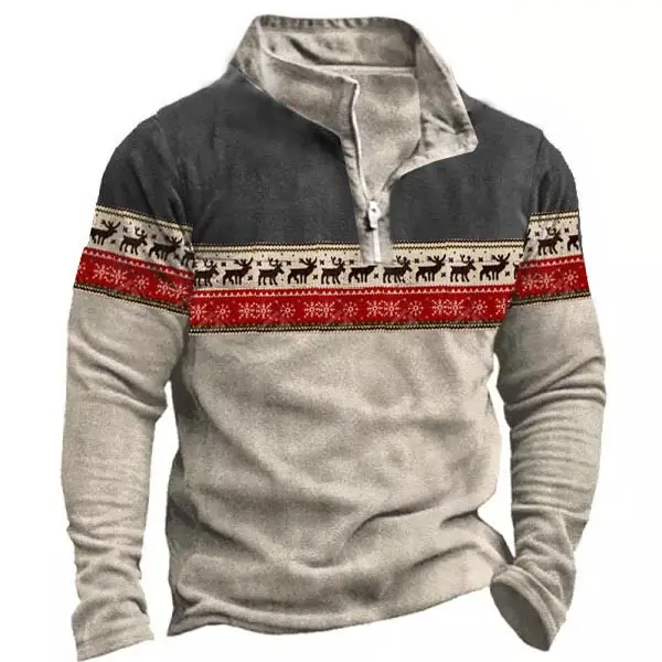 Men's Christmas Print Zip Color Contrast Winter Sweatshirt - Elementnice.com 