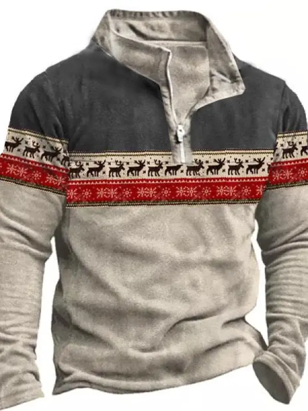 Men's Christmas Print Zip Color Contrast Winter Sweatshirt - Simplyion.com 