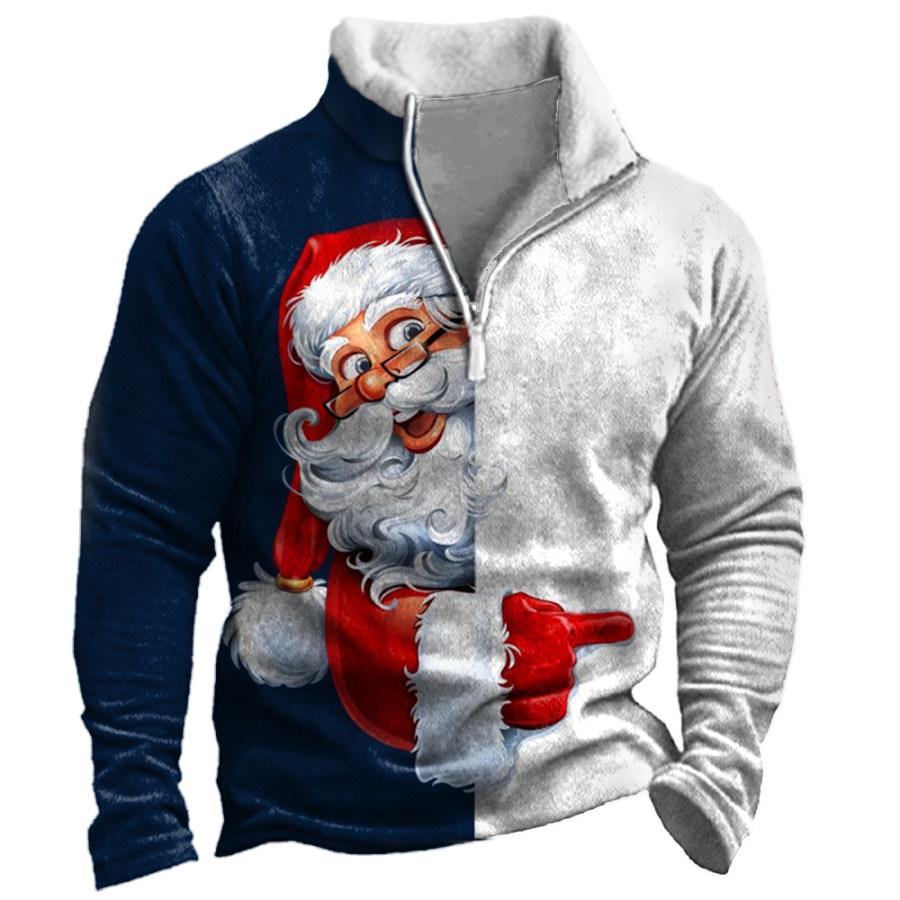 

Men's Santa Print Colorblock Stand Collar Sweatshirt