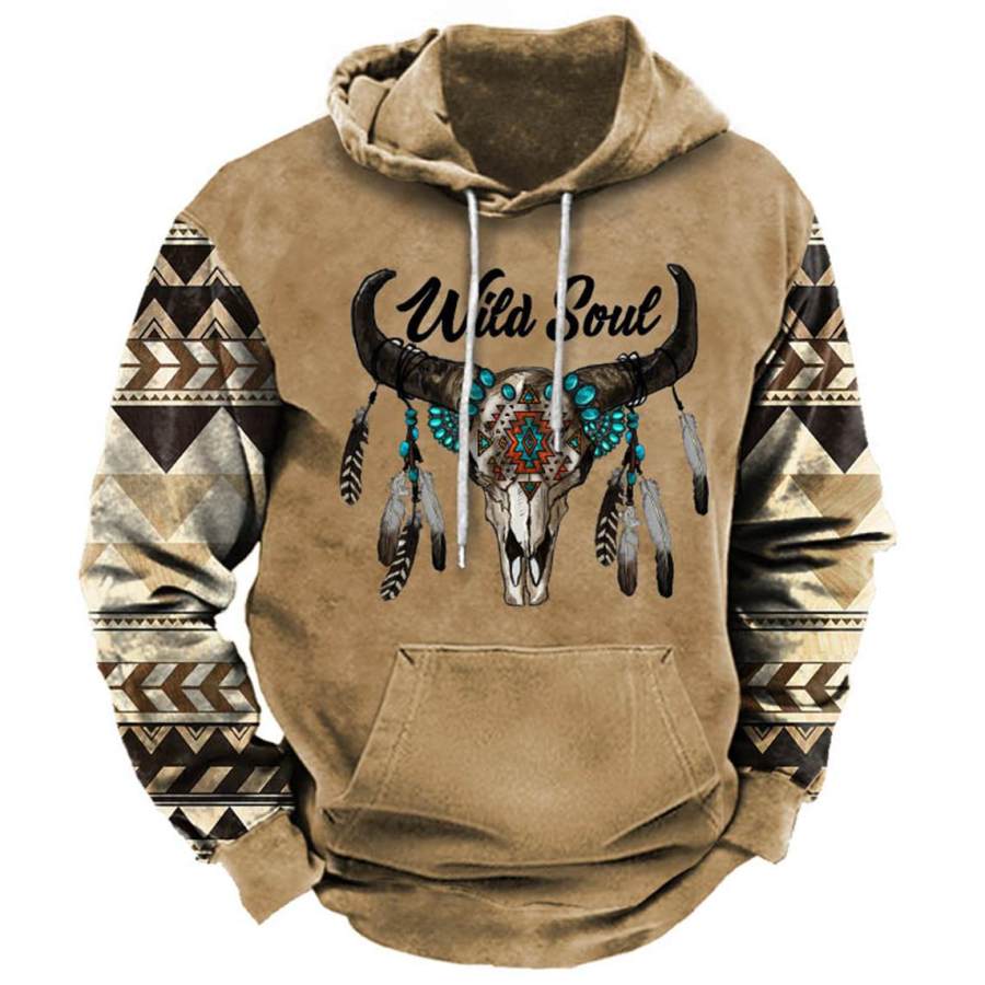 

Men's Vintage Ethnic Wild Soul Boho Bull Skull Print Hoodie