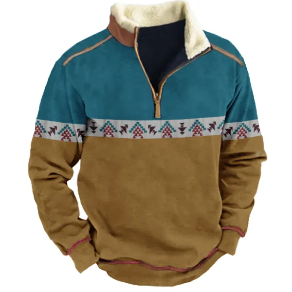 Men's Aztec Quarter Zip Color Contrast Winter Sweatshirt - Elementnice.com 
