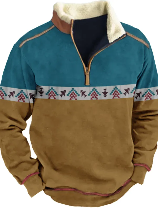 Men's Aztec Quarter Zip Color Contrast Winter Sweatshirt - Simplyion.com 
