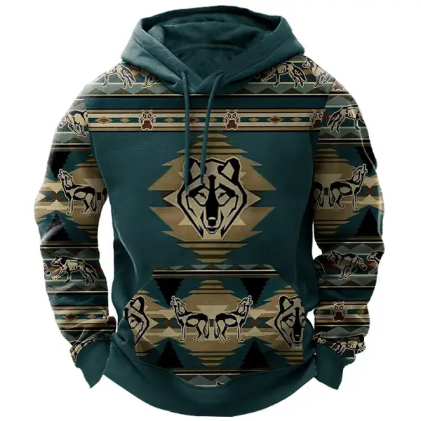 Men's Outdoor Vintage Ethnic Wolf Print Hoodie - Kalesafe.com 