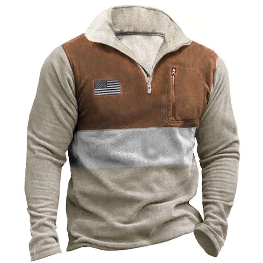 

Men's Quarter American Flag Zip Color Contrast Winter Sweatshirt