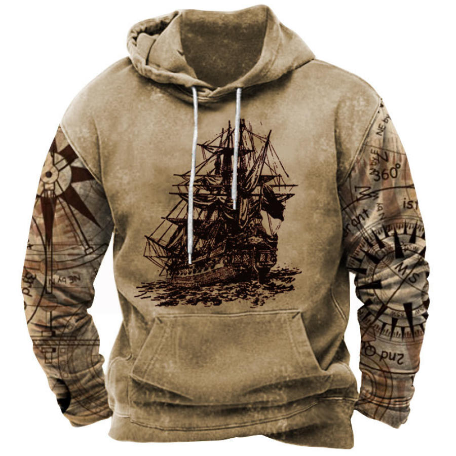 

Men's Vintage Nautical Print Pocket Hoodie