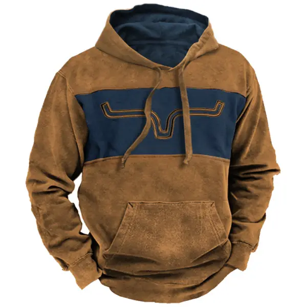 Men's Vintage Western Denim Panel Color Block Hoodie - Cotosen.com