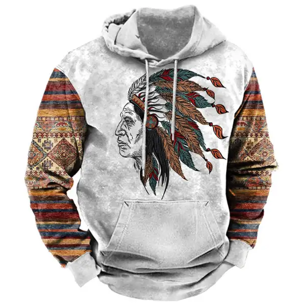 Men's Native American Indian With Feather Headdress Print Hoodie - Kalesafe.com 