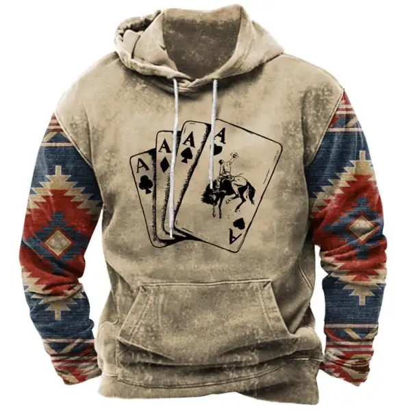 Men's Vintage Ethnic Cowboy Playing Cards Western Print Hoodie - Elementnice.com 