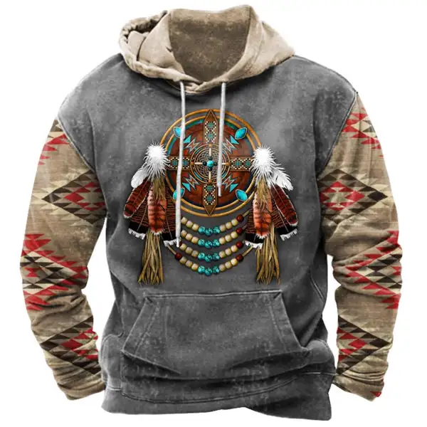 Men's Vintage Ethnic Aztec Feather Print Hoodie - Kalesafe.com 