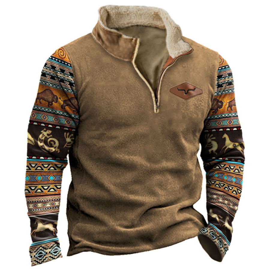 

Men's Vintage Western Cowboy Zip Colorblock Stand Collar Sweatshirt